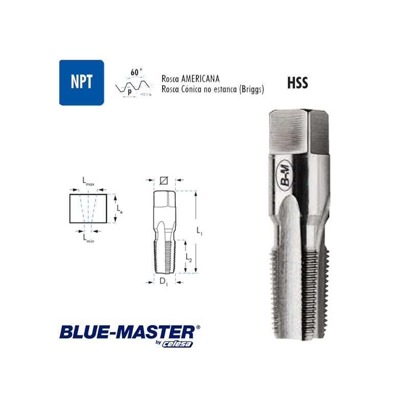 Macho de Mano Blue-Master HSS NPT Rosca Americana no Estanca Macho de Mano Blue-Master HSS NPT Rosca Americana no Estanca
