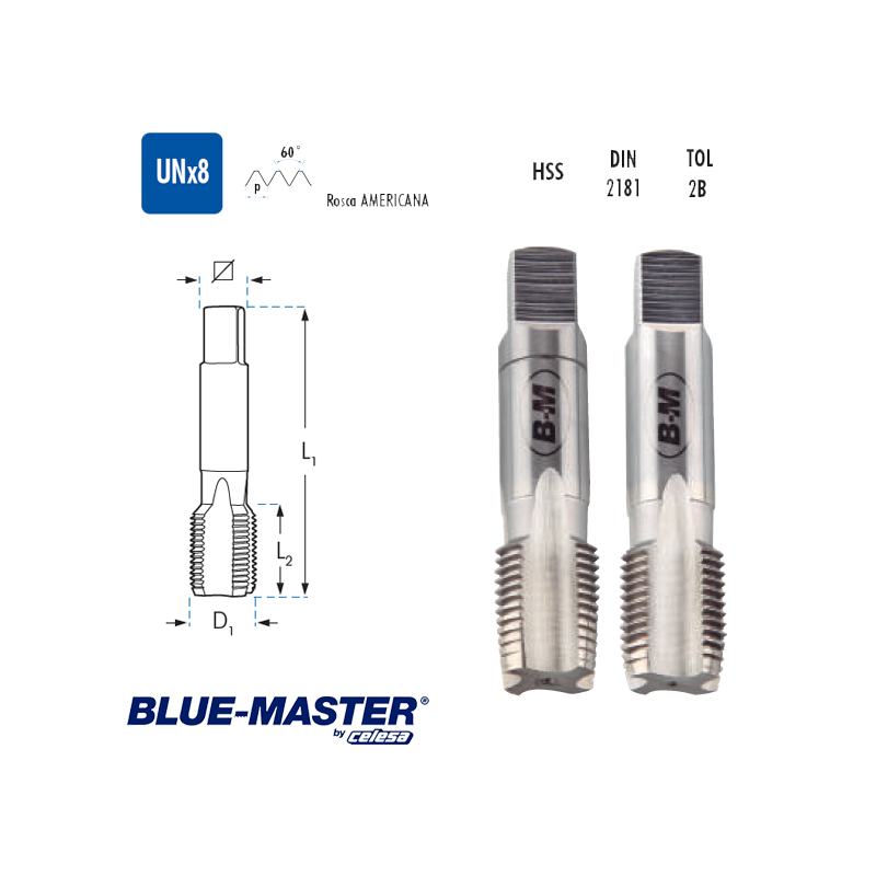 Macho de Mano Blue-Master HSS UNx8 Rosca Americana Macho de Mano Blue-Master HSS UNx8 Rosca Americana