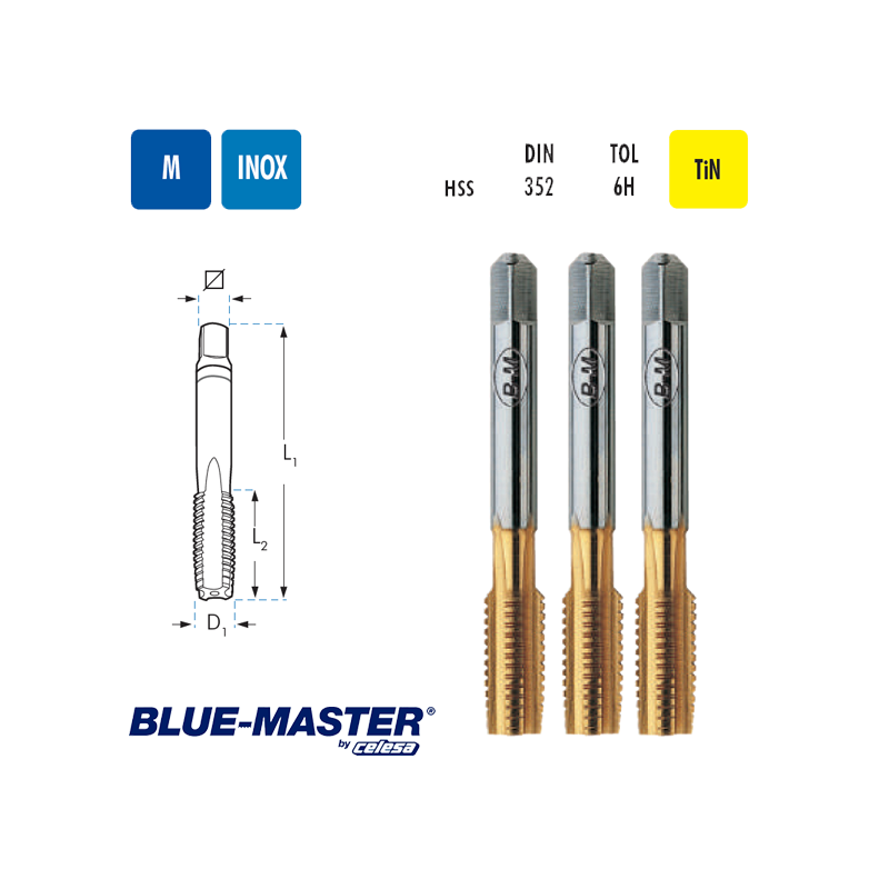 Juego de Macho INOX Blue-Master para roscar a Mano TiN M