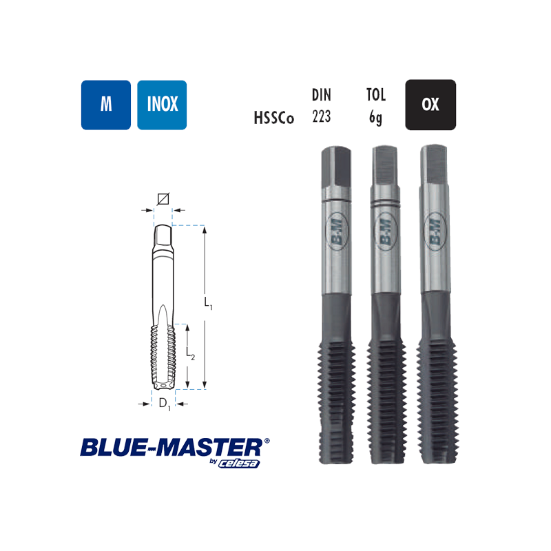 Juego de Macho INOX Blue-Master para roscar a Mano HSSCo OX