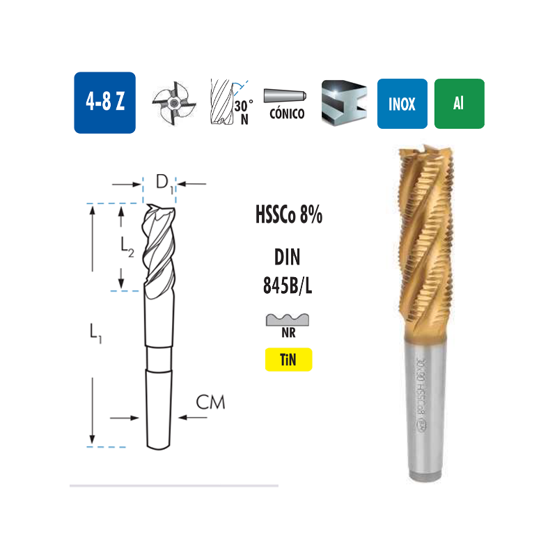 Fresas Frontales Desbaste Mango Cónico Serie Larga TiN HSSCo 8%