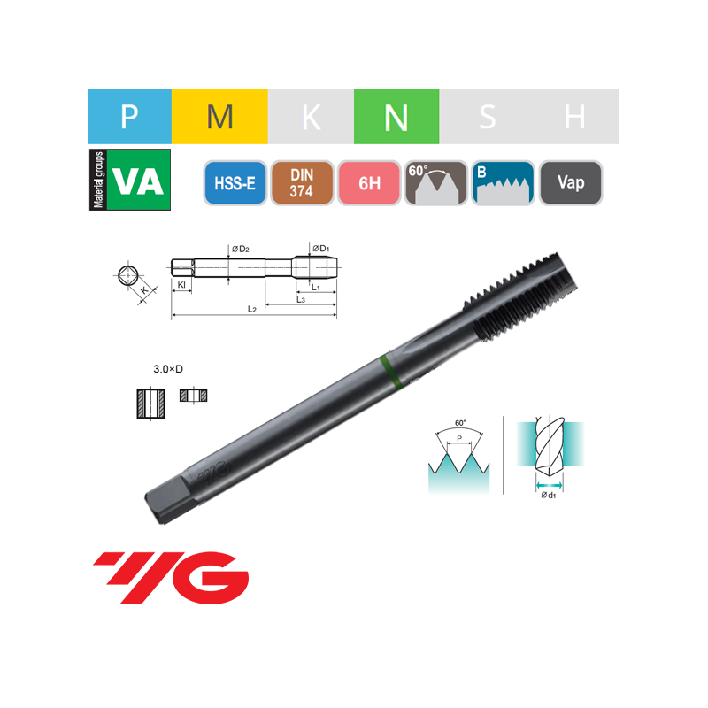 Macho Máquina Métrico Fino COMBO HSS-E Recto DIN374B VAP 6H Macho Máquina Métrico Fino COMBO HSS-E Recto DIN374B VAP 6H