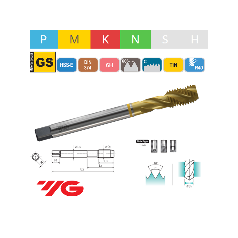 Macho Máquina Métrico Fino TAP GENERAL Helicoidal HSS-E TiN 6H Macho Máquina Métrico Fino TAP GENERAL Helicoidal HSS-E TiN 6H