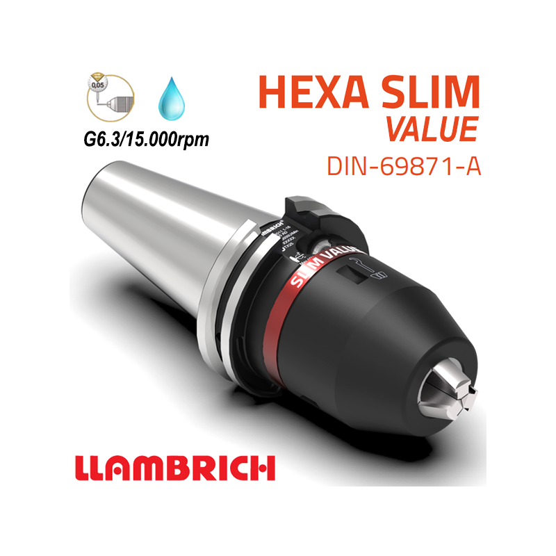 Portabrocas Llambrich HEXA SLIM Value SK DIN69871 de Súper Precisión con cono integrado, cuerpo reducido y Llave Torx
