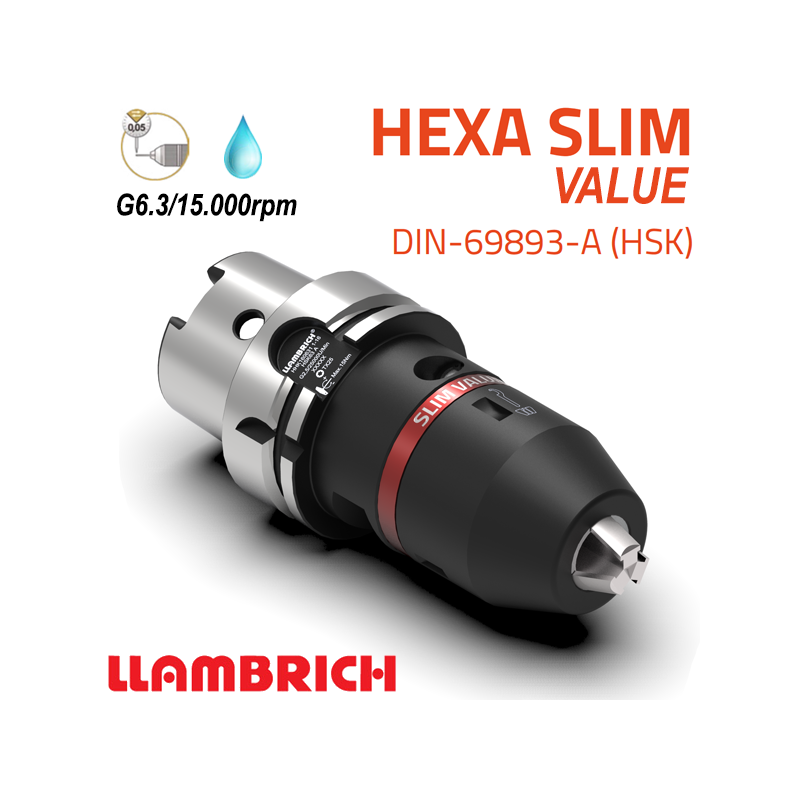 Portabrocas Llambrich HEXA SLIM Value HSK DIN69893 de Súper Precisión con cono integrado, cuerpo reducido y Llave Torx