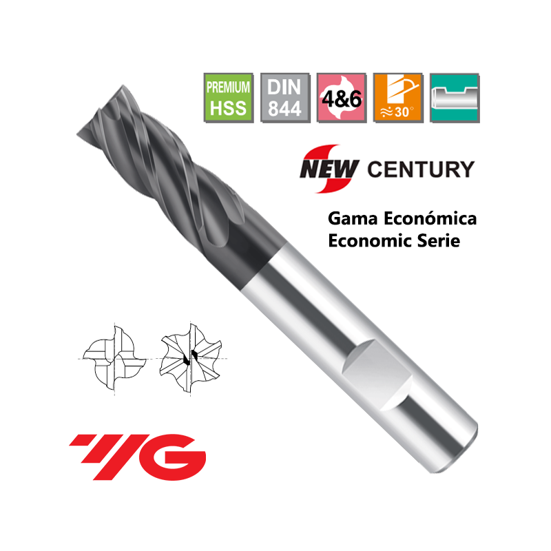 YG1-New Century Gama Economica Fresa Premium HSS 4 Cortes Recubrimiento X-Coating