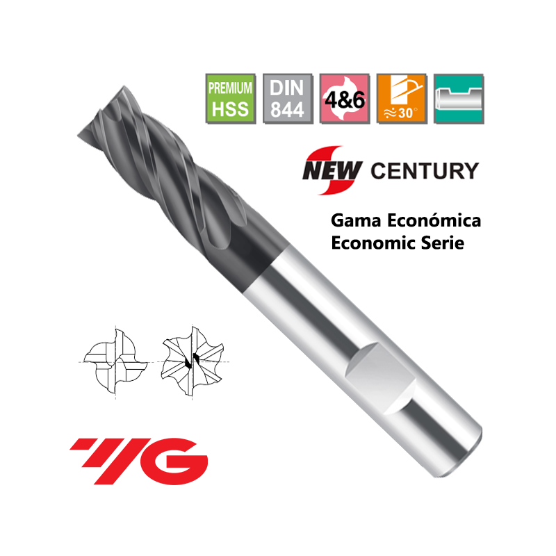 YG1-New Century Gama Economica Fresa Premium HSS 4 Cortes Recubrimiento TiAlN