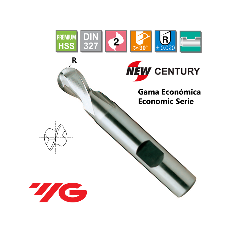 YG1-New Century Gama Economica Fresa Premium HSS 2 Cortes Esferica 