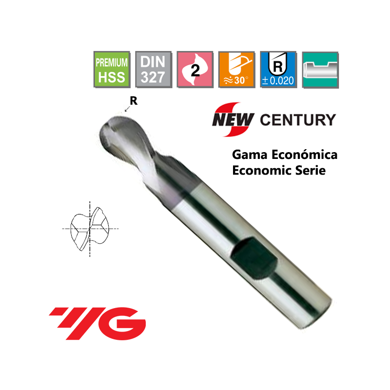 YG1-New Century Gama Economica Fresa Premium HSS 2 Cortes Esferica Recubrimiento X-Coating