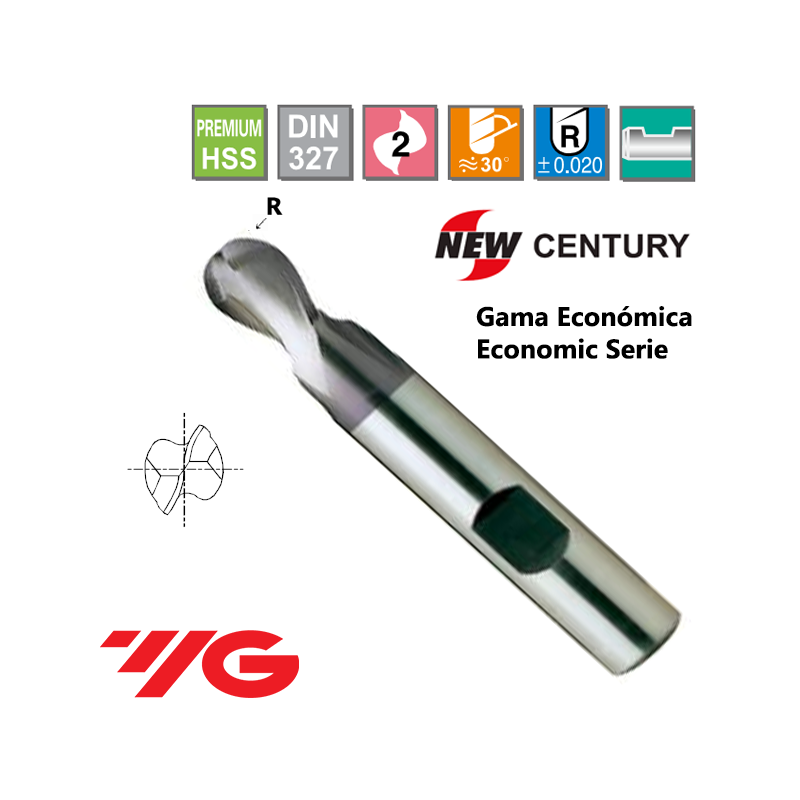 YG1-New Century Gama Economica Fresa Premium HSS 2 Cortes Esferica Recubrimiento X-Coating YG1-New Century Gama Economica Fresa Premium HSS 2 Cortes Esferica Recubrimiento X-Coating