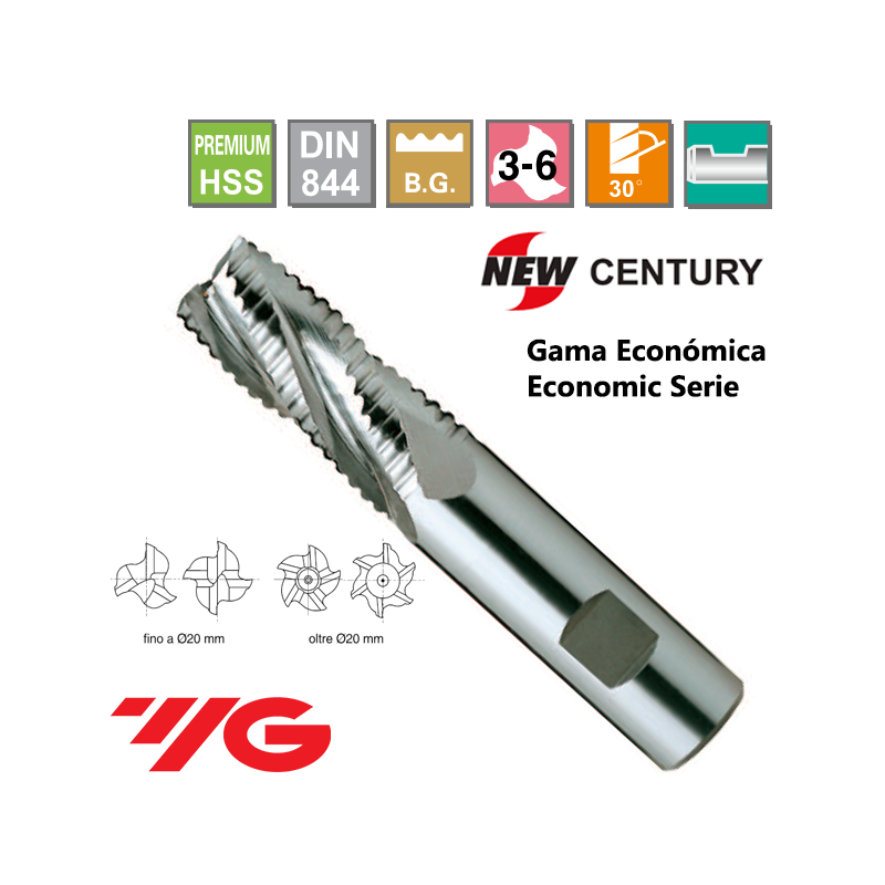 YG1-New Century Gama Economica Fresa Premium HSS desbaste Grueso Z3-6 YG1-New Century Gama Economica Fresa Premium HSS desbaste Grueso Z3-6