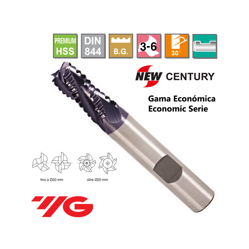 YG1-New Century Gama Economica Fresa Premium HSS desbaste Grueso Z3-6 Recubrimiento TiAIN YG1-New Century Gama Economica Fresa Premium HSS desbaste Grueso Z3-6 Recubrimiento TiAIN