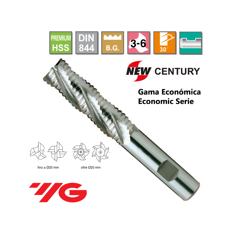 YG1-New Century Gama Economica Fresa Premium HSS desbaste Grueso Larga Z3-6 YG1-New Century Gama Economica Fresa Premium HSS desbaste Grueso Larga Z3-6