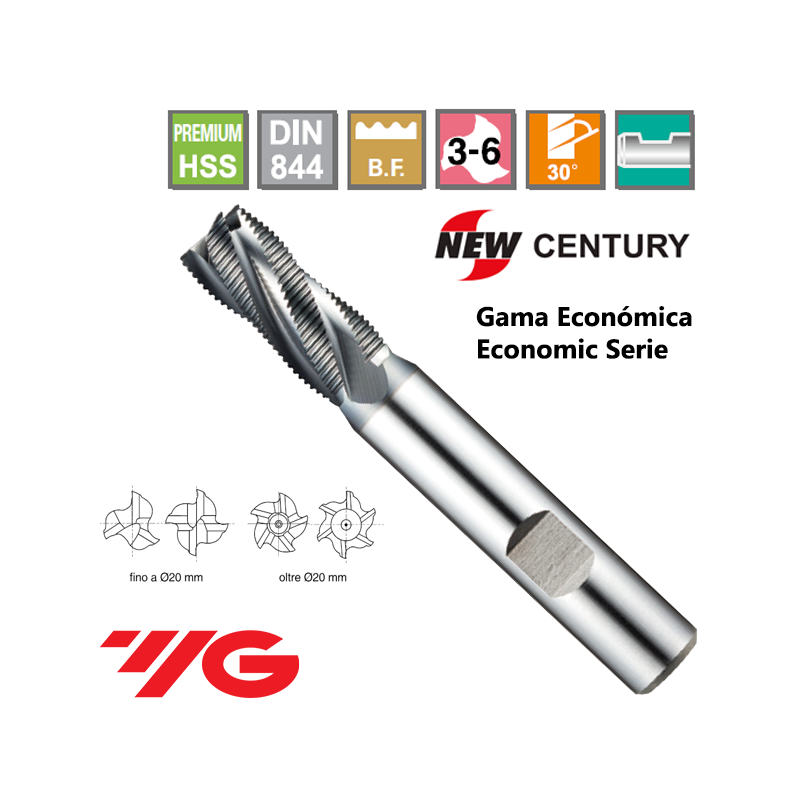 YG1-New Century Gama Economica Fresa Premium HSS desbaste Fino Z3-6 Recubrimiento TiAlN 