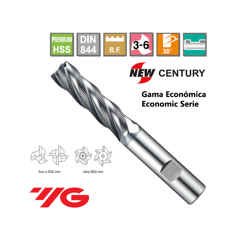 YG1-New Century Gama Economica Fresa Larga Premium HSS desbaste Fino Z3-6 Recubrimiento TiAIN YG1-New Century Gama Economica Fresa Larga Premium HSS desbaste Fino Z3-6 Recubrimiento TiAIN