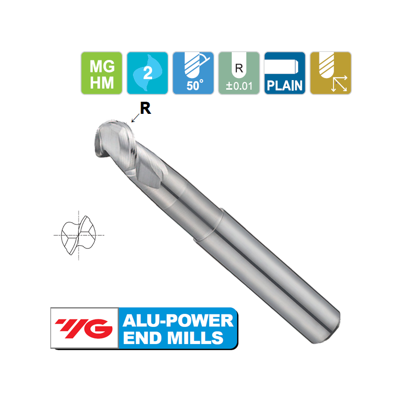 YG1 Fresa Metal Duro Esférica 2 Cortes 50º Aluminio YG1 Fresa Metal Duro Esférica 2 Cortes 50º Aluminio