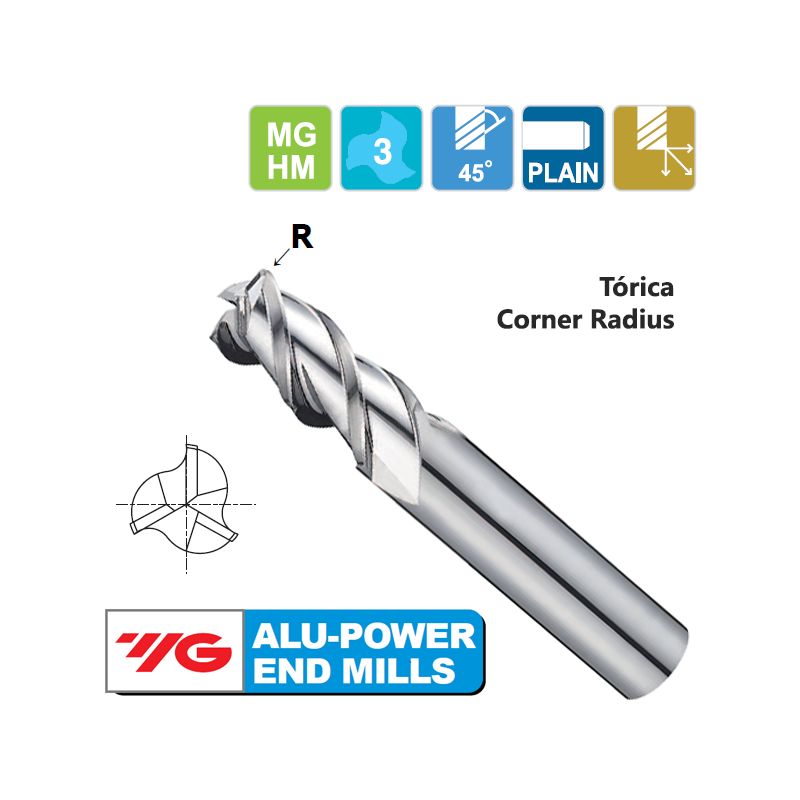 YG1 E5E51 Fresa Tóricas Metal Duro 3 Cortes Aluminio YG1 E5E51 Fresa Tóricas Metal Duro 3 Cortes Aluminio