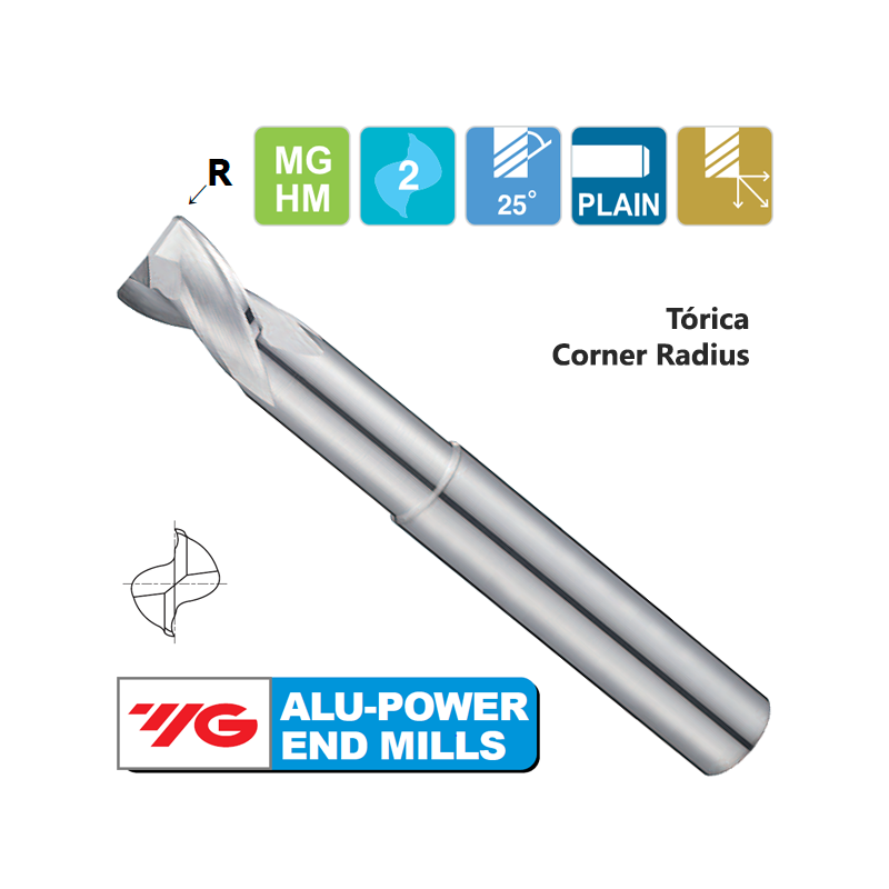 YG1-E5909- Fresa Larga Tóricas Metal Duro 2 Cortes Aluminio Cuello Rebajado YG1-E5909- Fresa Larga Tóricas Metal Duro 2 Cortes Aluminio Cuello Rebajado