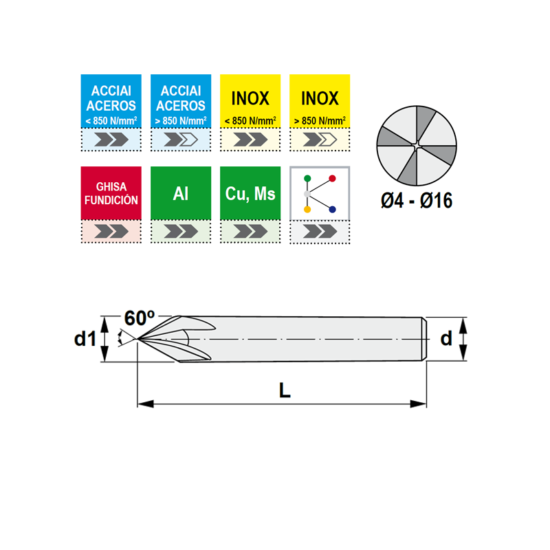 Fresa de metal duro Z4-6 Cortes 60º para Desbarbar y Grabar