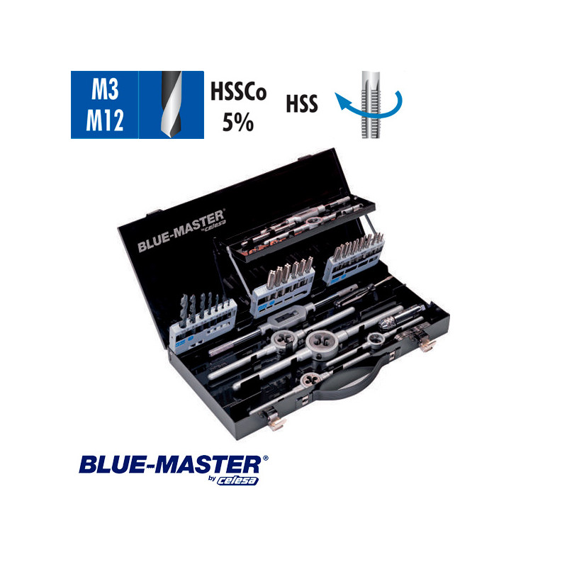 Conjuntos de Machos y Cojinetes en Caja Metálica HSS y HSSCo M3-M12 BlueMaster Conjuntos de Machos y Cojinetes en Caja Metálica HSS y HSSCo M3-M12 BlueMaster