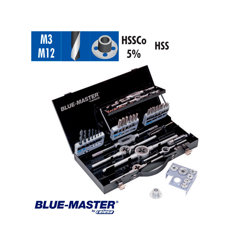 Conjuntos de Machos y Cojinetes en Caja Metálica HSS y HSSCo con Guías para Cojinetes BlueMaster