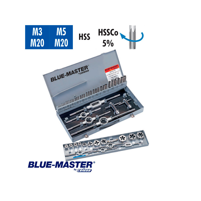 Conjuntos de Machos y Cojinetes en Caja Metálica HSS y HSSCo BlueMaster