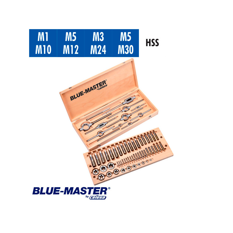 Conjuntos de Machos y Cojinetes en Caja Metálica y de Madera HSS BlueMaster