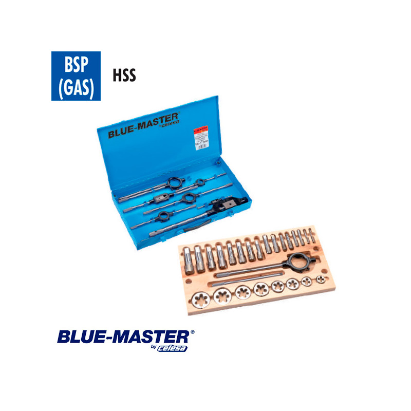 Conjuntos de Machos y Cojinetes BSP en Caja Metálica HSS BlueMaster Conjuntos de Machos y Cojinetes BSP en Caja Metálica HSS BlueMaster
