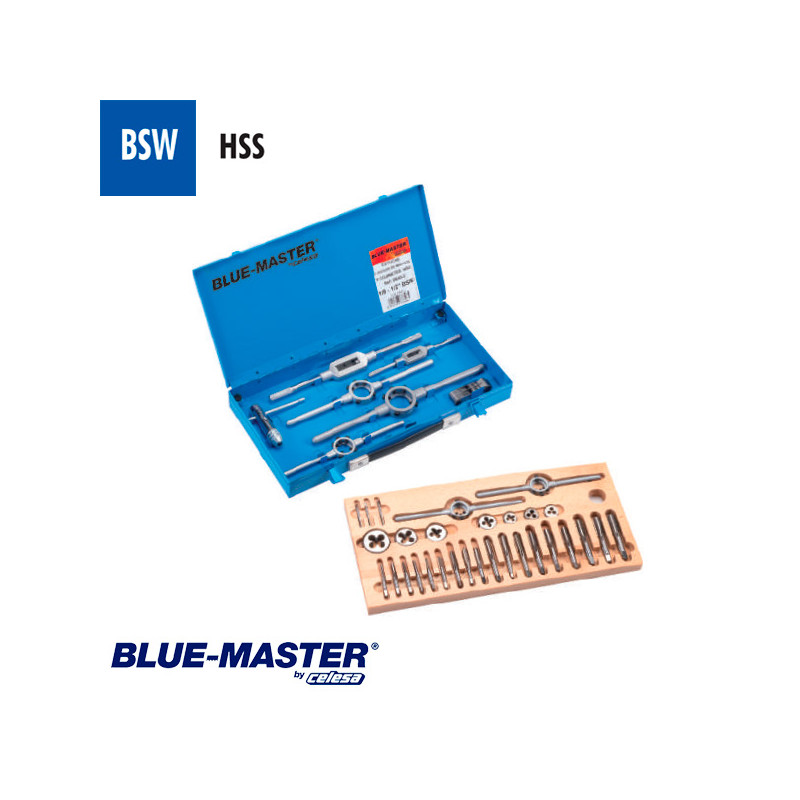 Conjuntos de Machos y Cojinetes BSW en Caja Metálica HSS BlueMaster