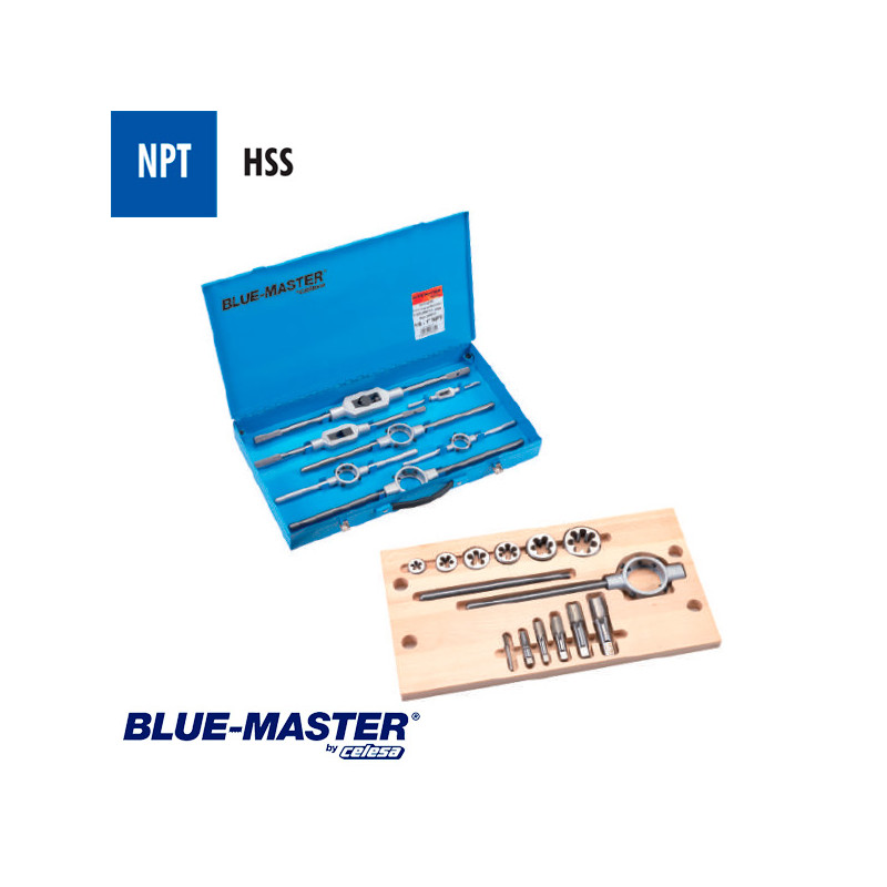 Conjuntos de Machos y Cojinetes NPT en Caja Metálica HSS BlueMaster