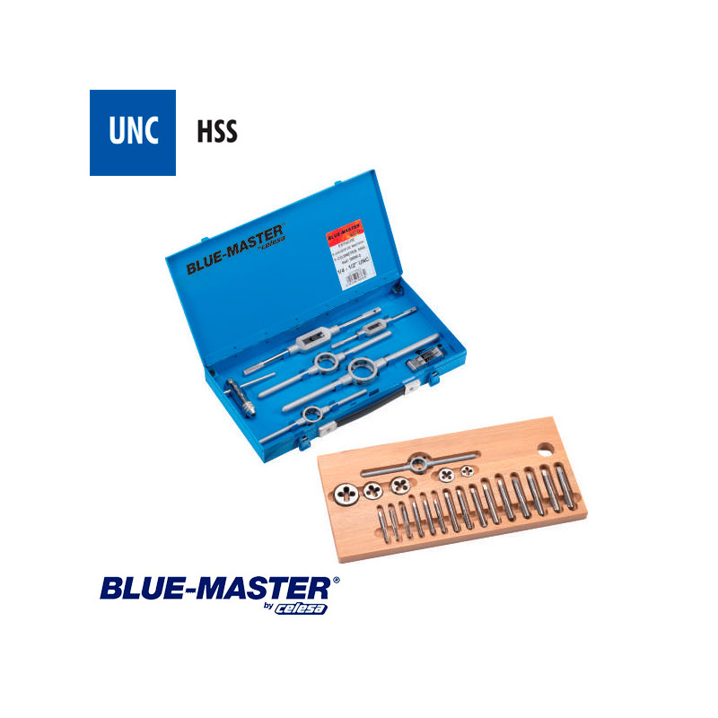 Conjuntos de Machos y Cojinetes UNC en Caja Metálica HSS BlueMaster
