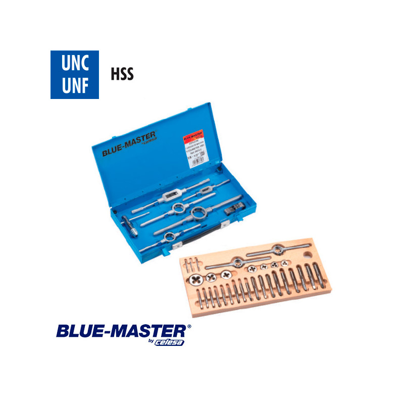 Conjuntos de Machos y Cojinetes UNC UNF en Caja Metálica HSS BlueMaster