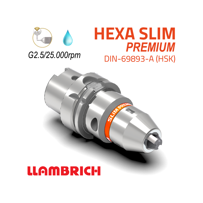 Portabrocas Llambrich HEXA SLIM Premium HSK DIN69893 de Súper Precisión con cono integrado, cuerpo reducido y Llave Torx