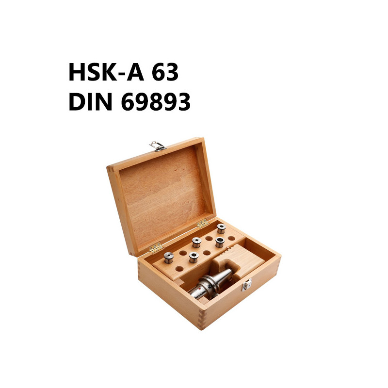 Jeu de mandrins de perceuse dans une boîte en bois HSK-A 63 DIN 69893 Jeu de mandrins de perceuse dans une boîte en bois HSK-A 63 DIN 69893