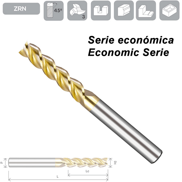 Fresa Metal Duro 3 Cortes Aluminio Hélice 45º Serie Larga ZRN