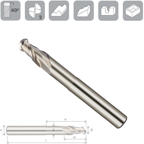 Z2 Ball Nose Aluminium End Mill Uncoated Long Series