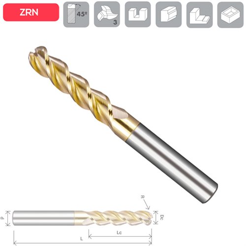 Z3 Helice 45º Corner Radius Aluminium End Mill ZRN Coated Long Series