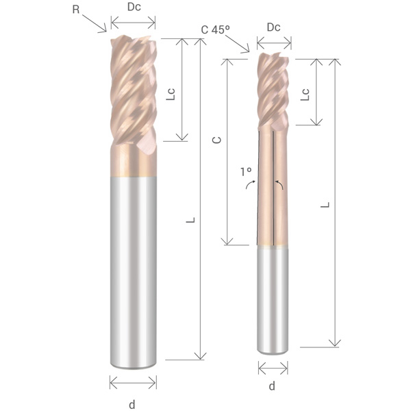 Fresa Metal Duro 5 Cortes Hélice Variable 43º/45º Cuello Rebajado 1º 56 HRC