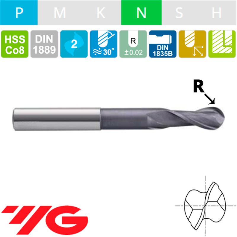 YG-1 Fresa Z2 Serie Larga HSSCo8 Esférica YG-1 Fresa Z2 Serie Larga HSSCo8 Esférica