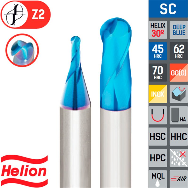 Fresa Larga Esférica Metal Duro Acero Templado 45-70 HRc Z2 30º