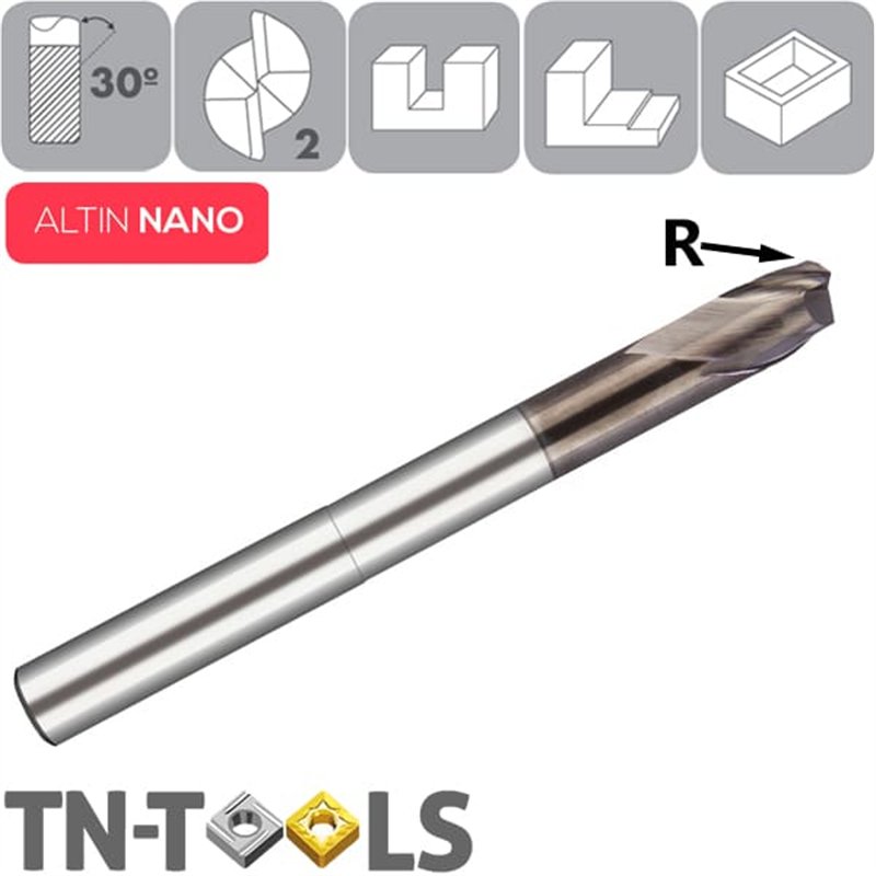 ALTIN NANO 30º Z2 Corner Radius End Mill Reduced Neck Long Cutting