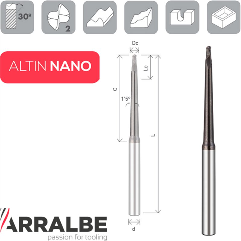 Arralbe Z2 BALL NOSE END MILL CONICAL FORM TAPER 1,5º