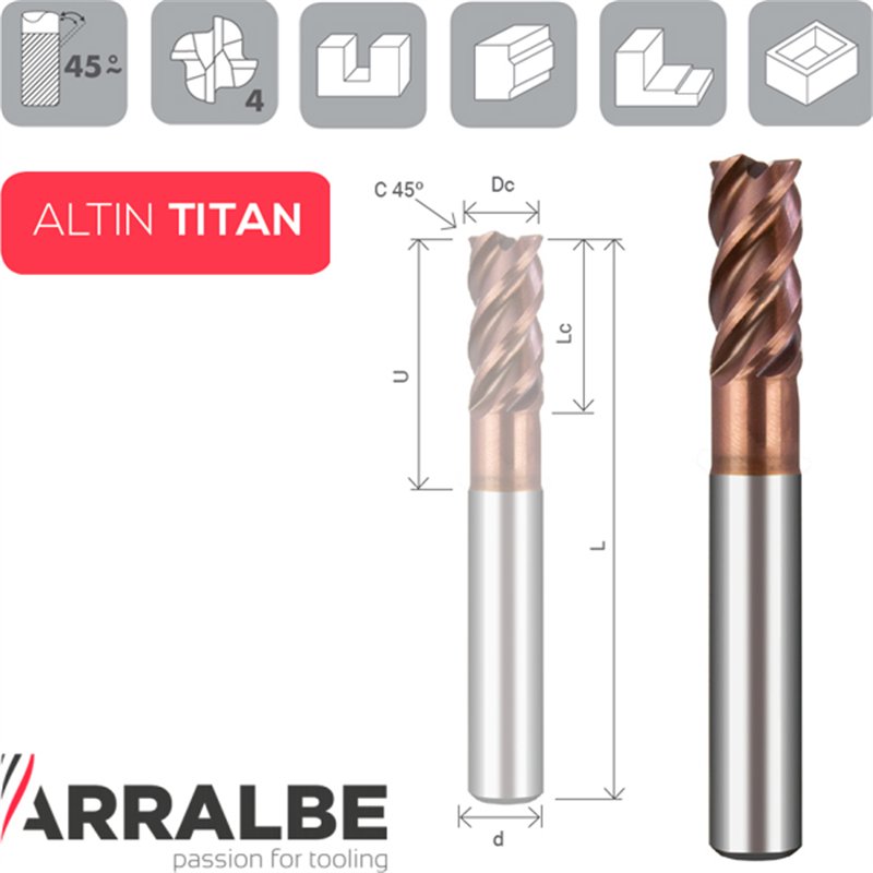 Arralbe Z4 Hyrux Titanio Fresa H. V. 43º-45º Cuello Rebajado Chaflan En Esquina Premium Alto Rendimiento