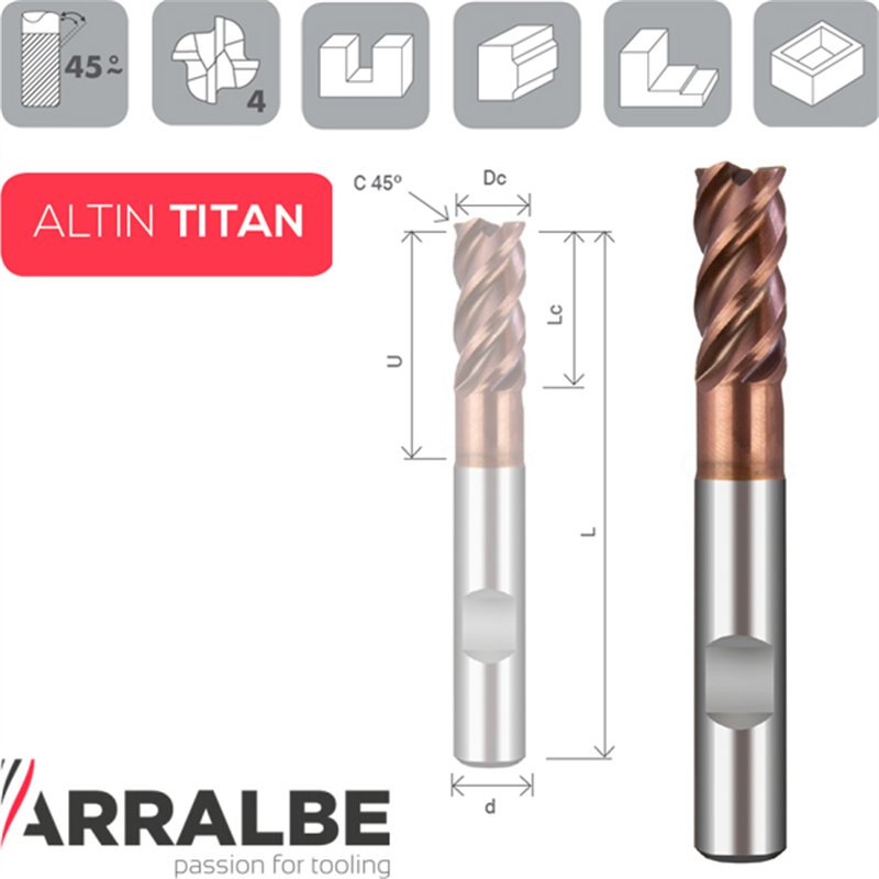 Arralbe Z4 Hyrux Titanio Fresa H. V. 43º-45º Cuello Rebajado Weldom Chaflan En Esquina Weldom DIN6535 Alto Rendimiento