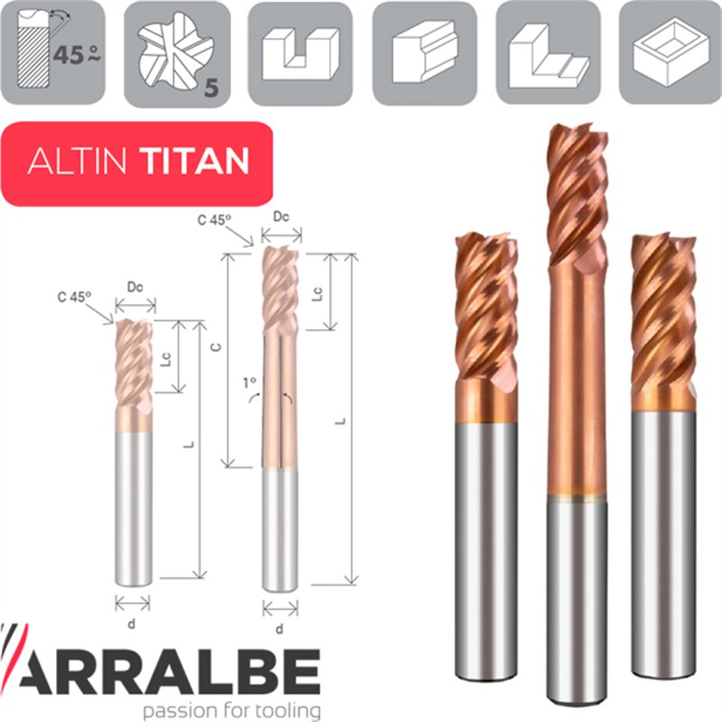 Arralbe Z5 Helix Fresa H.V. 43º-45º Chaflán 56Hrc Refrigeración Central Chaflan En Esquina Cuello Rebajado 1º Alto Rendimiento