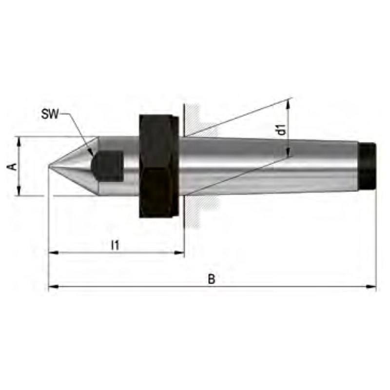 Similar DIN 807, full point, with draw-off nut and SW, material tool steel