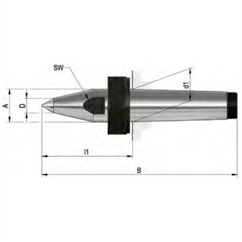 Similar DIN 807, full point, with draw-off nut and SW, with extended centre point, material tool steel
